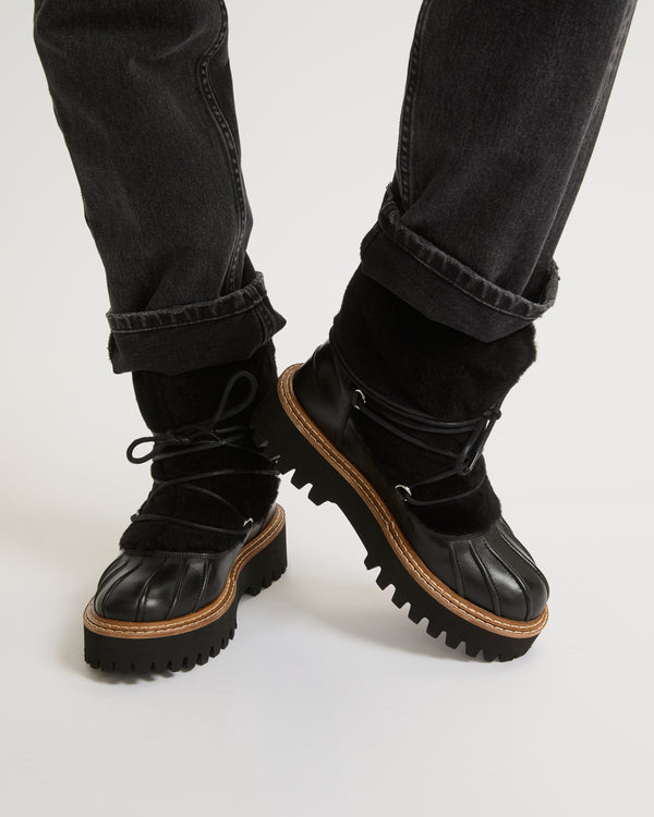 Lace-up mid-length boots in ironed Merino - black - Yves Salomon