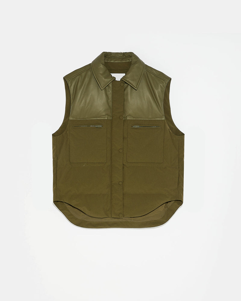 Down gilet in leather and technical fabric blend