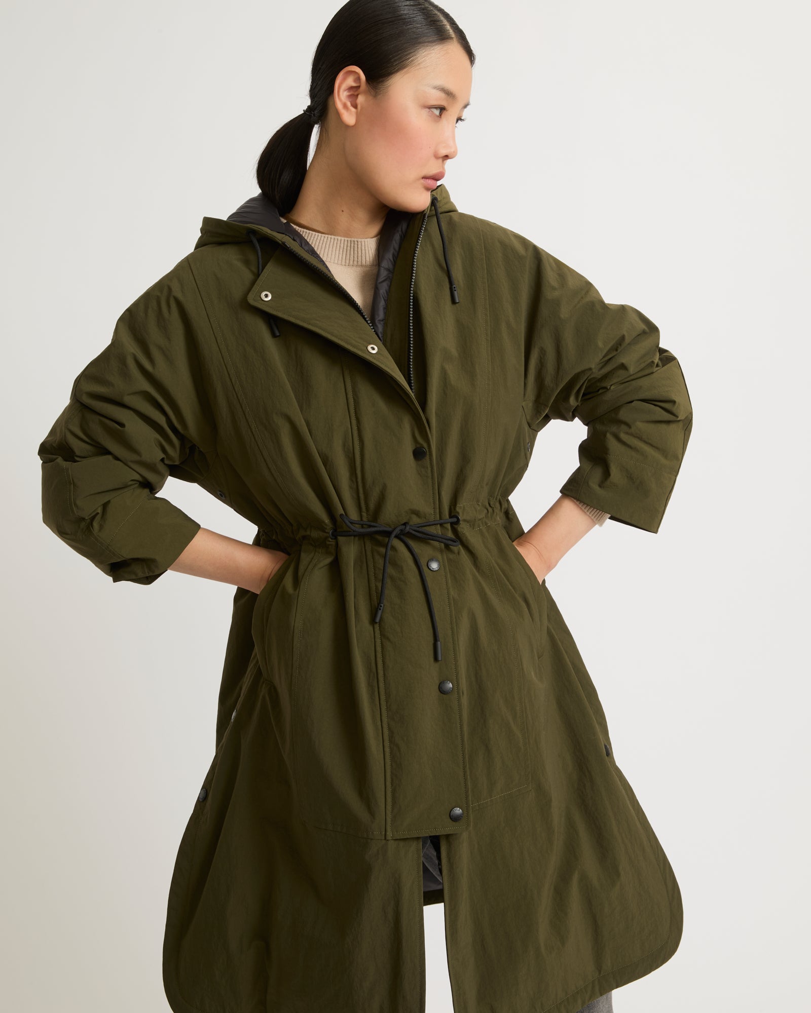 Cape-style coat in technical fabric