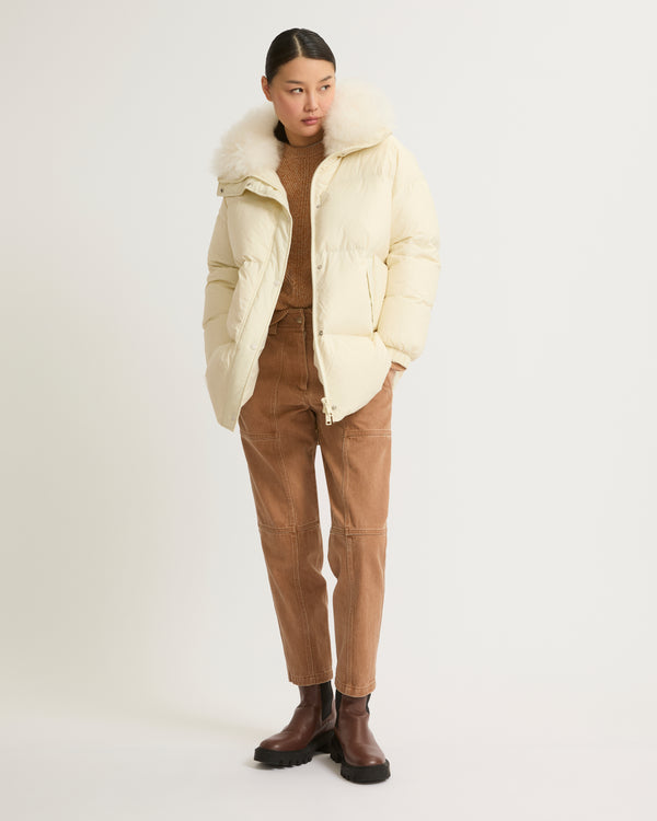 Stand collar down jacket with fluffy lambswool trim - white - Yves Salomon