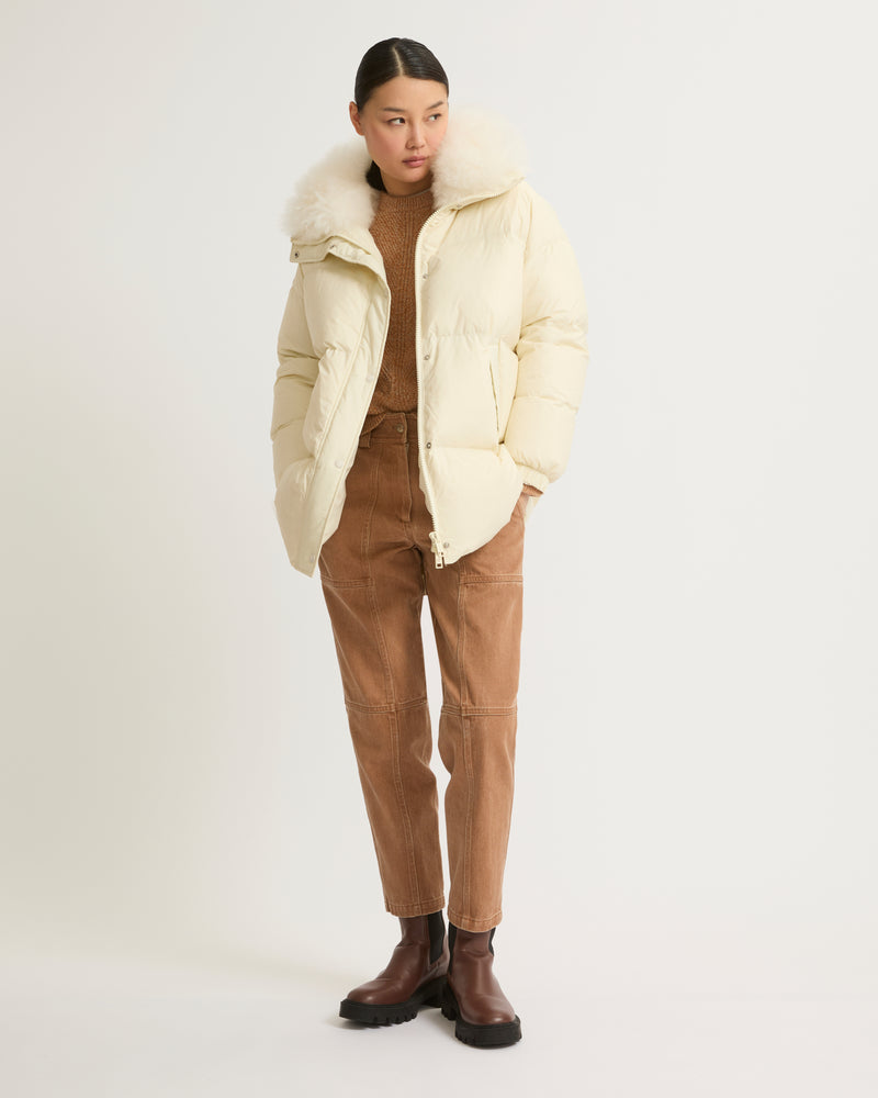 Stand collar down jacket with fluffy lambswool trim - white - Yves Salomon