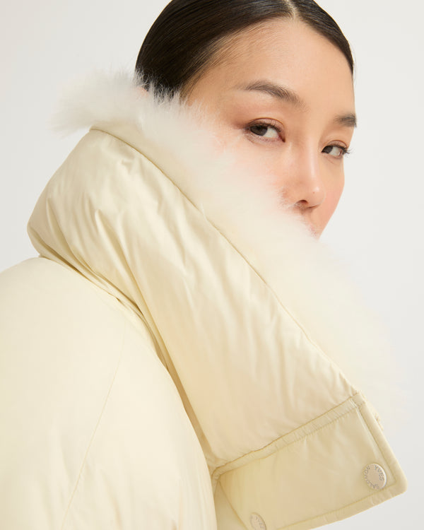 Stand collar down jacket with fluffy lambswool trim - white - Yves Salomon