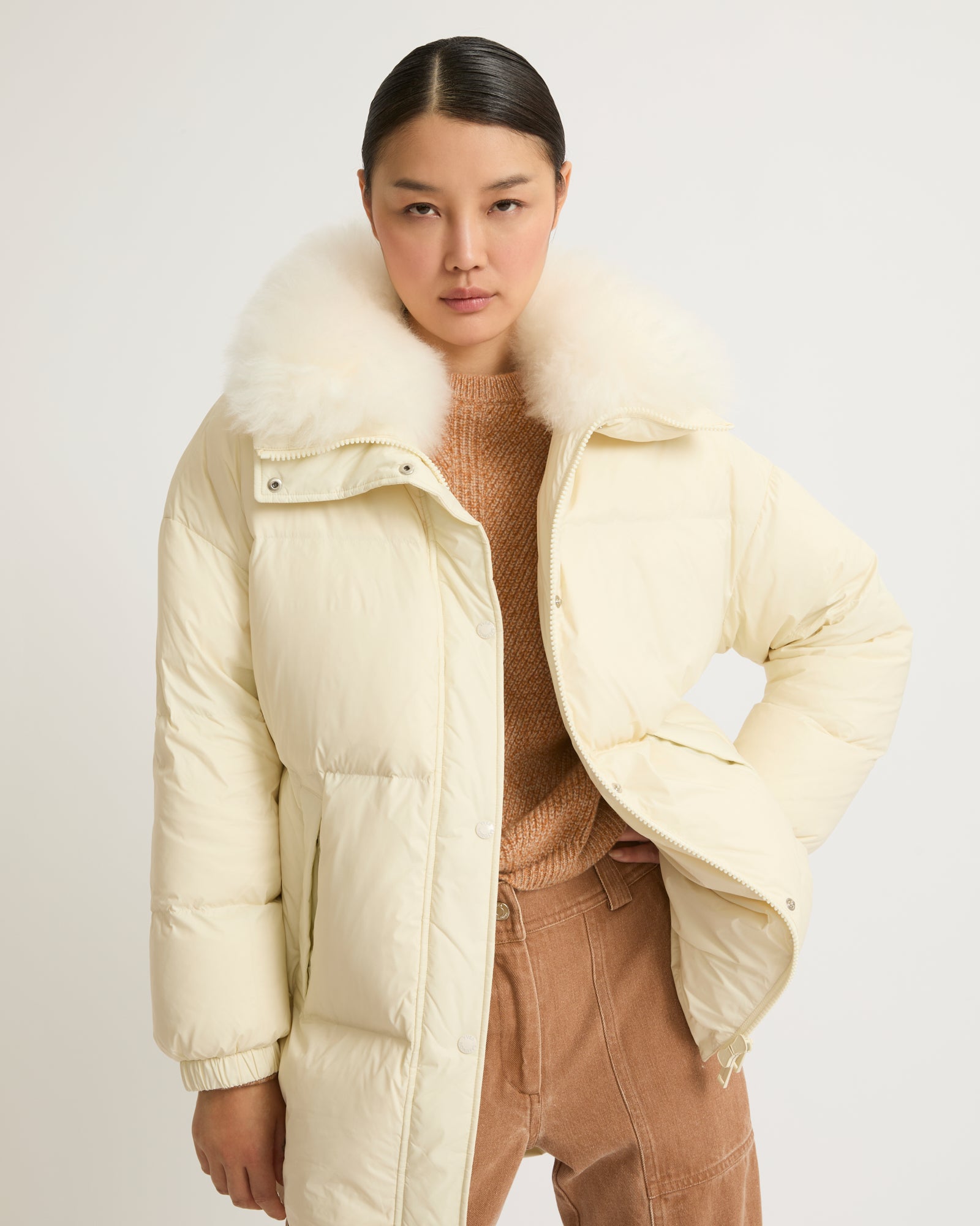 ★HACIE★ SHEARLING COLLAR GOOSE DOWN LONG COAT [IVORY][BLAC GOOSE DOWN FUR JACKET