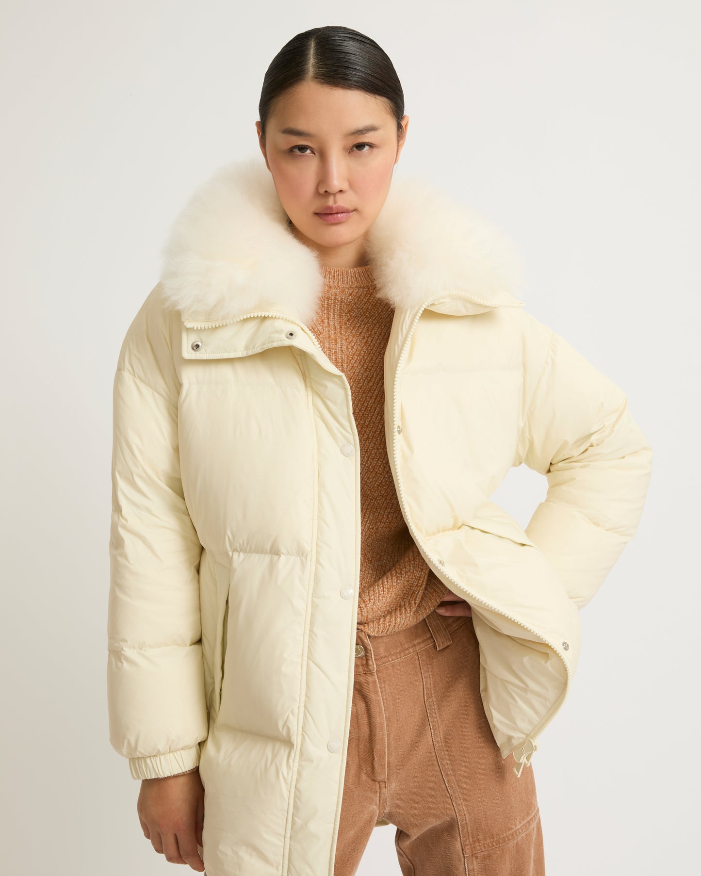Stand collar down jacket with fluffy lambswool trim-Yves salomon-Winter sale & boxing day