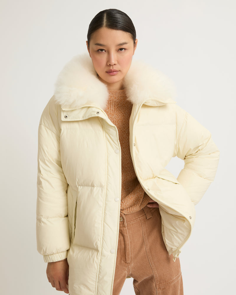 Stand collar down jacket with fluffy lambswool trim - white - Yves Salomon