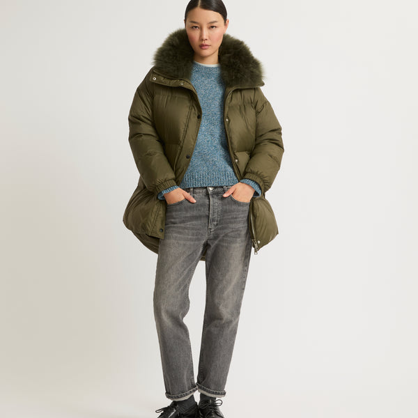 Stand collar down jacket with fluffy lambswool trim