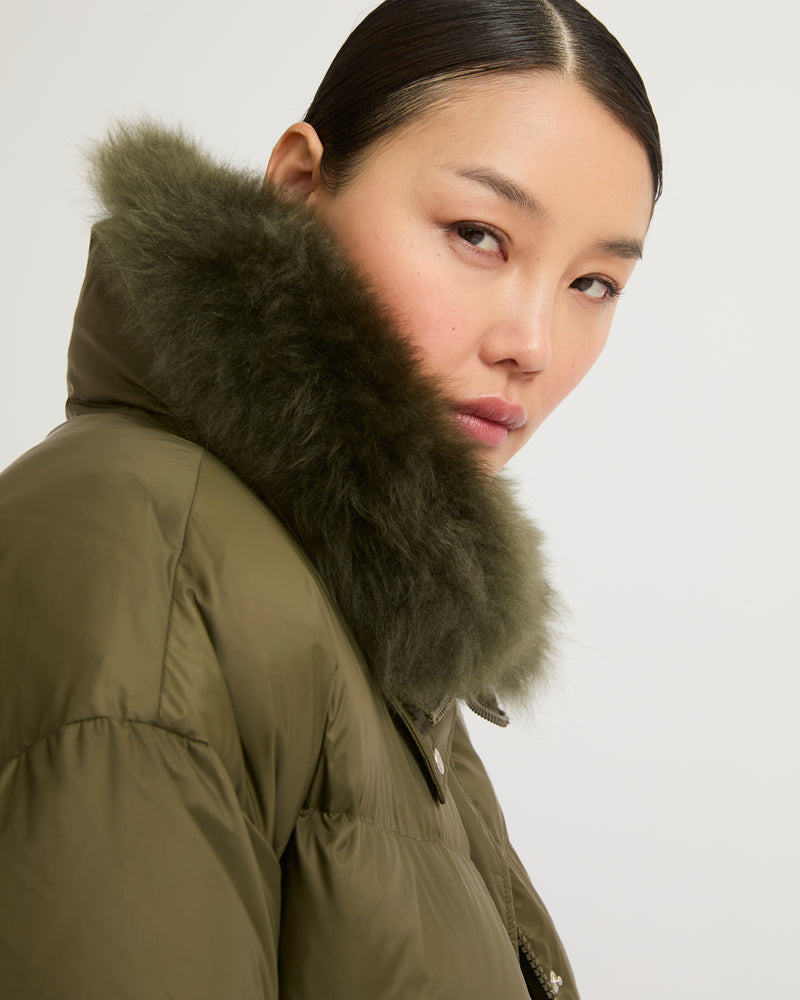 Stand collar down jacket with fluffy lambswool trim - khaki green - Yves Salomon