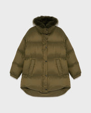 Stand collar down jacket with fluffy lambswool trim