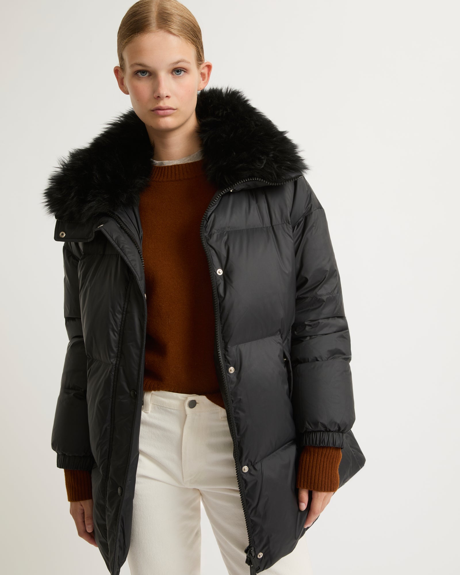 Stand collar down jacket with fluffy lambswool trim-Yves salomon-Winter sale & boxing day