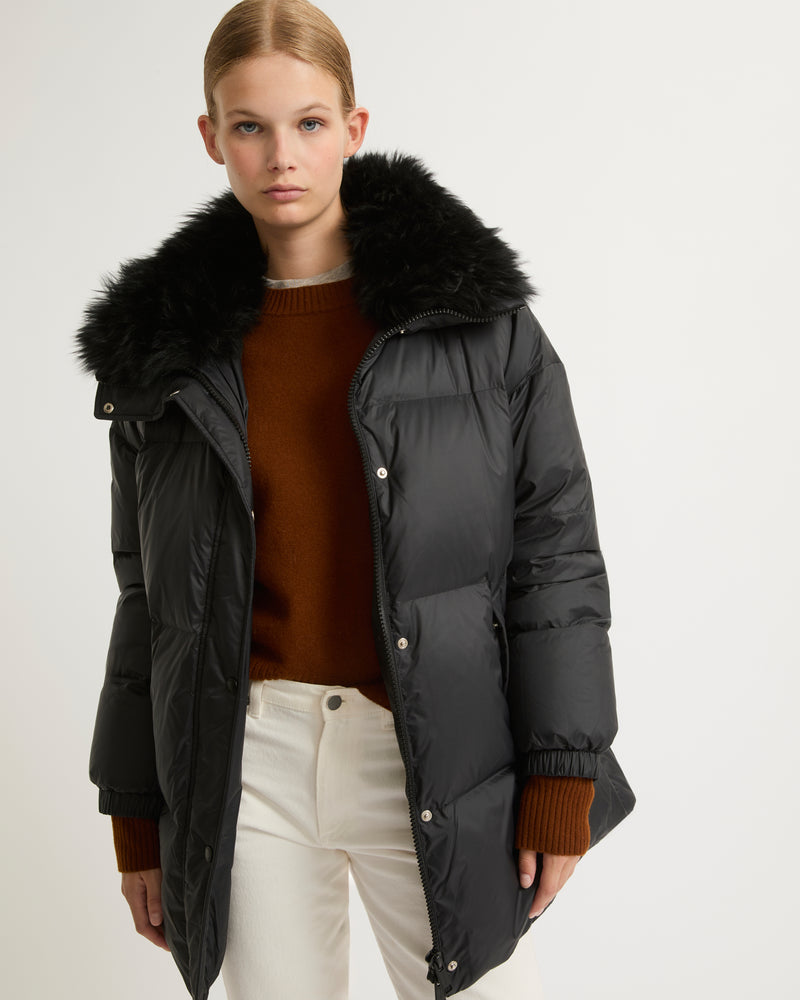 Stand collar down jacket with fluffy lambswool trim - black - Yves Salomon