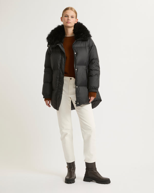 Stand collar down jacket with fluffy lambswool trim - black - Yves Salomon