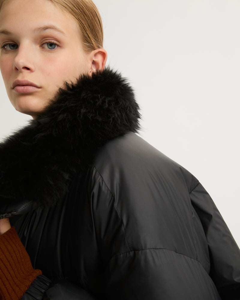 Stand collar down jacket with fluffy lambswool trim - black - Yves Salomon