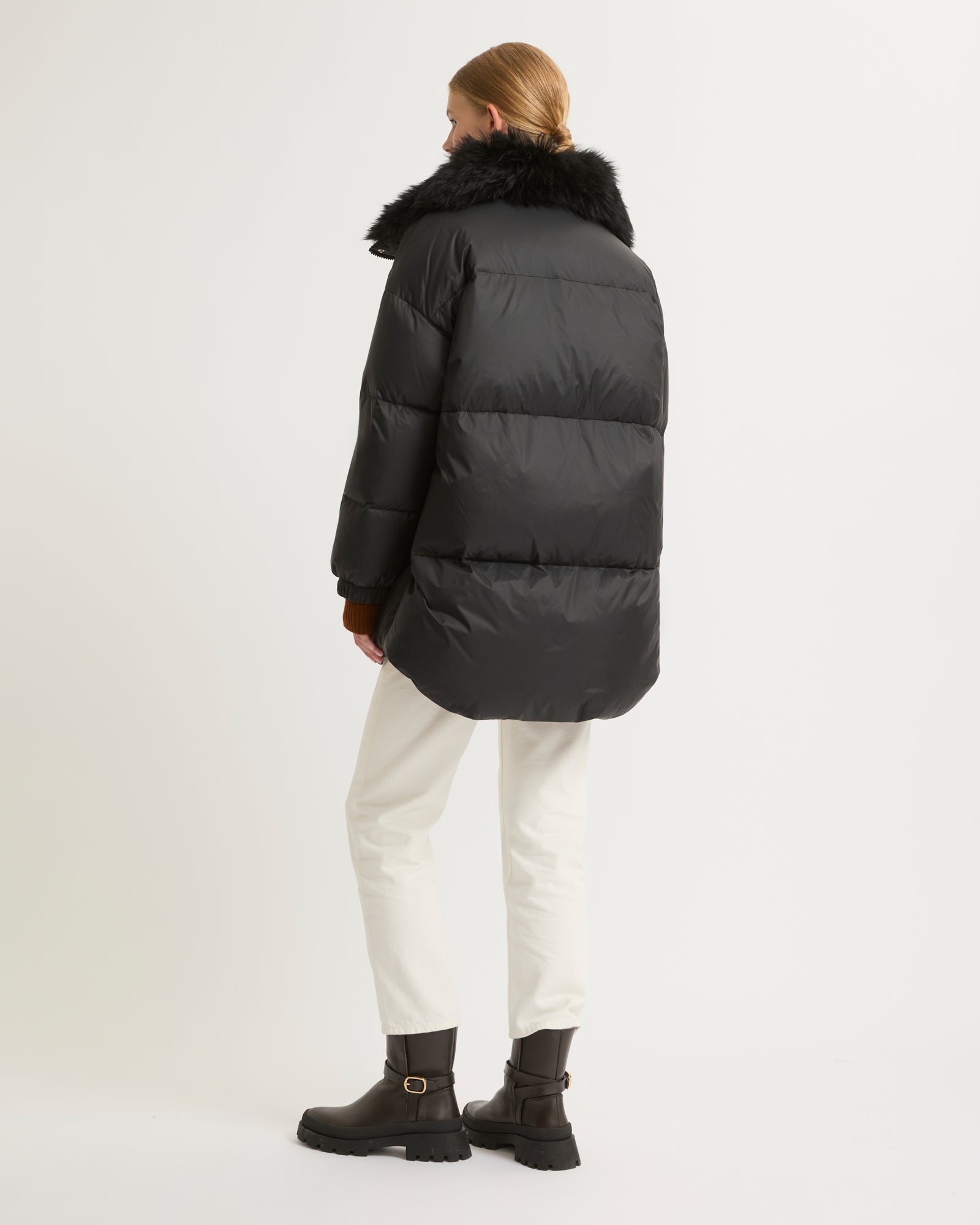 Stand collar down jacket with fluffy lambswool trim-Yves salomon-Winter sale & boxing day