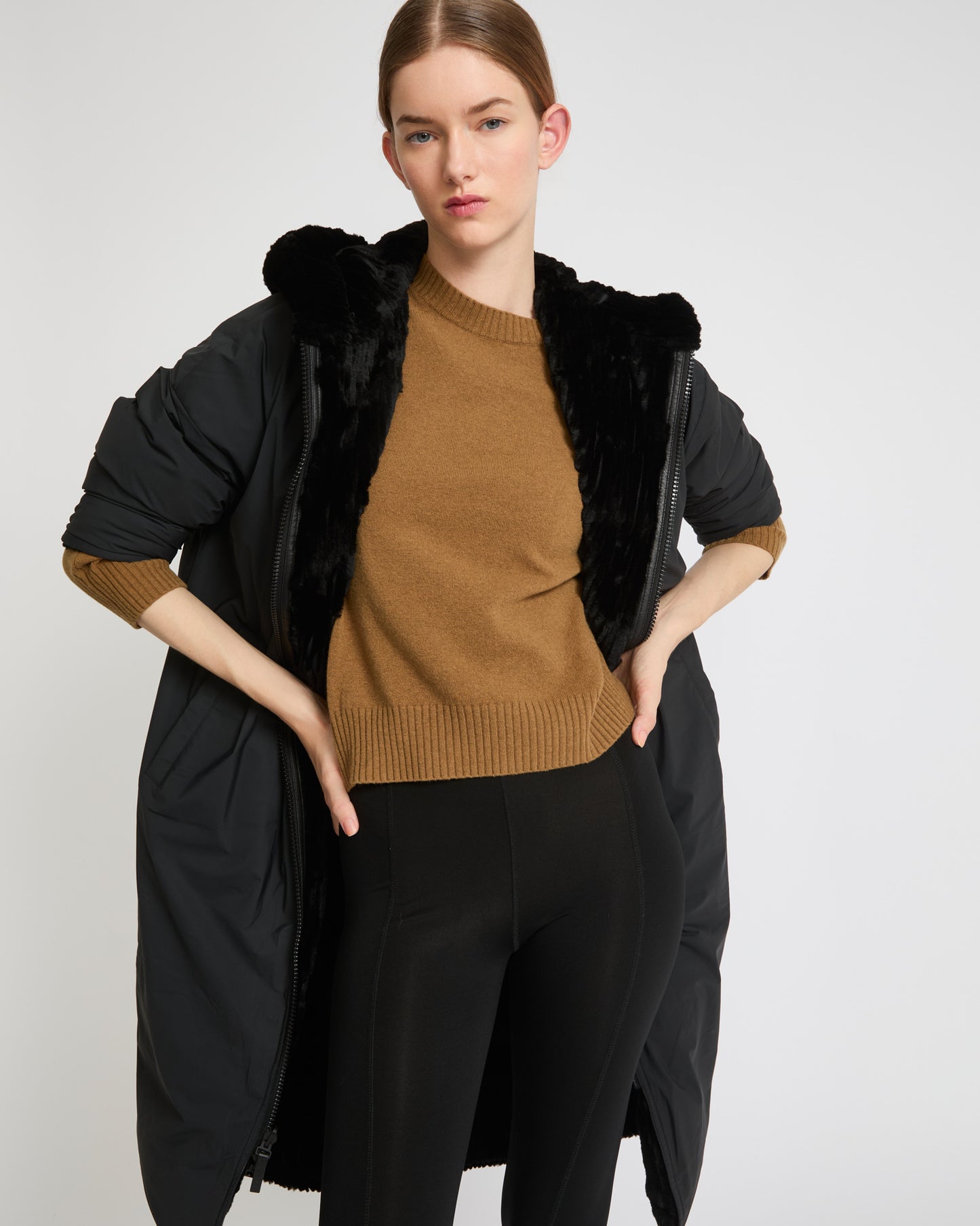 Long hooded down jacket in technical fabric reversible ribbed rex rabbit fur-Yves salomon-Winter sale & boxing day