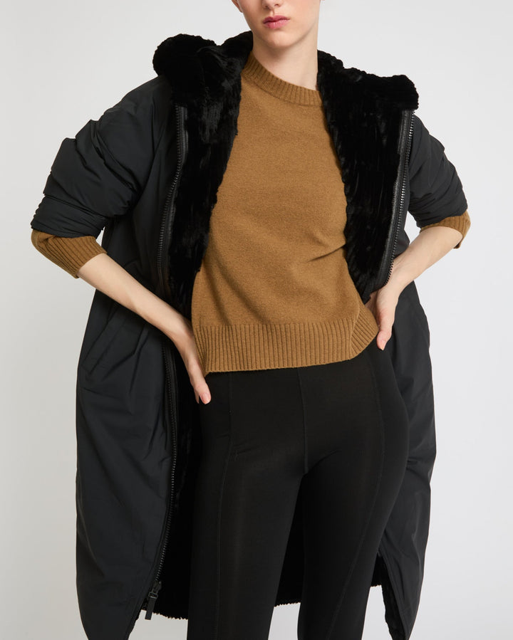 Long hooded down jacket in technical fabric reversible ribbed rex rabbit fur