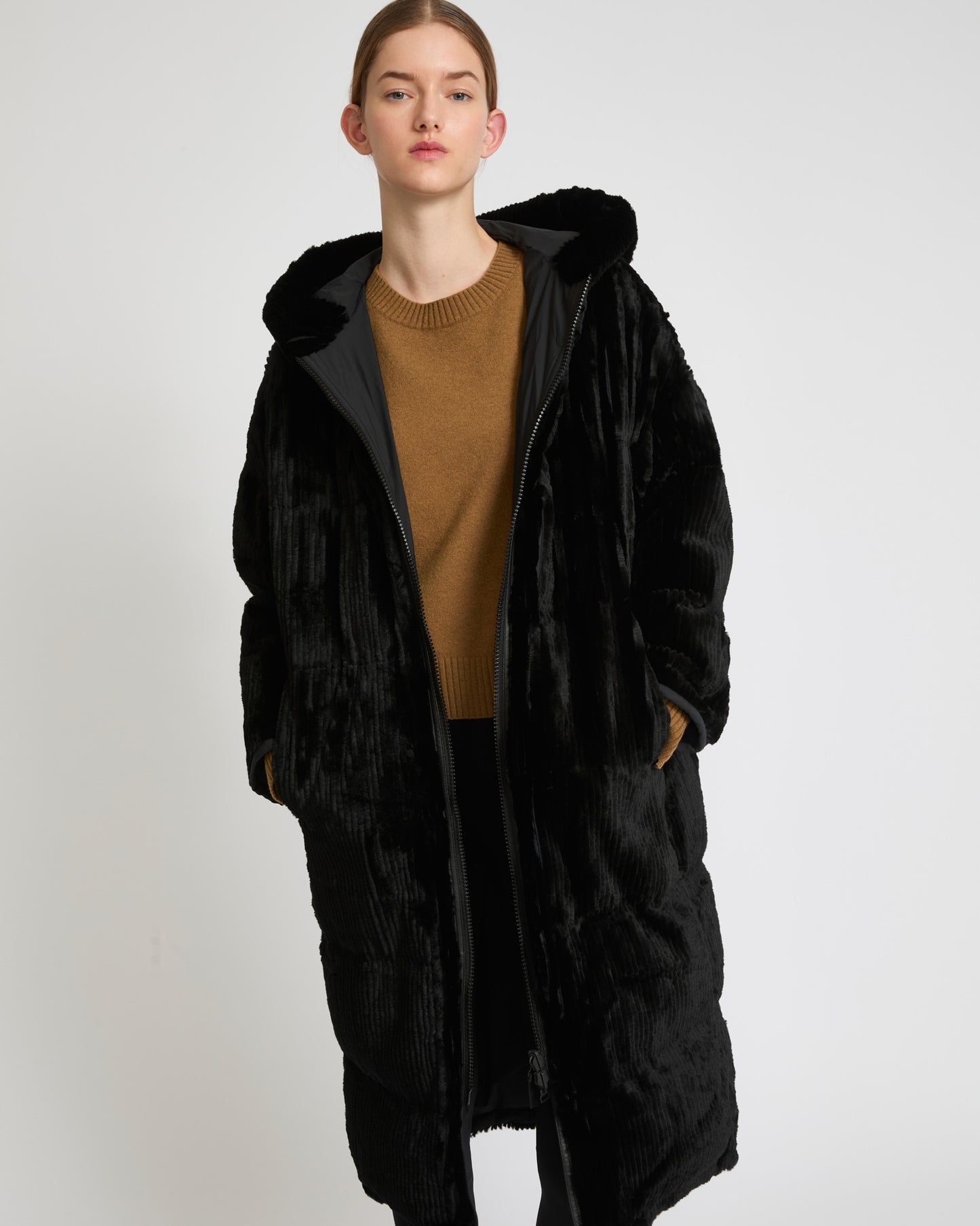 Long hooded down jacket in technical fabric reversible ribbed rex rabbit fur-Yves salomon-Winter sale & boxing day