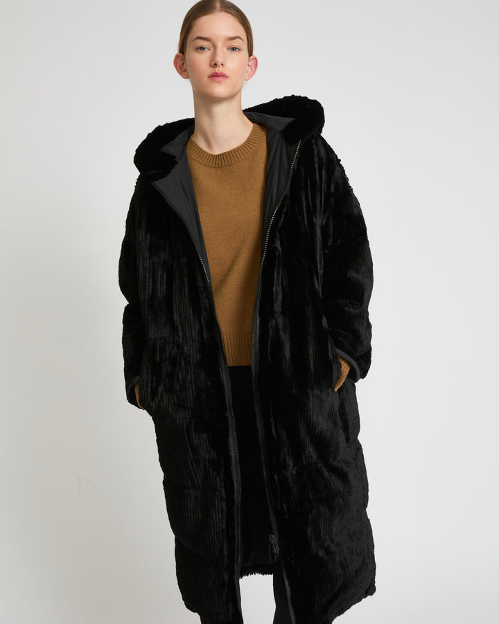 Long hooded down jacket in technical fabric reversible ribbed rex rabbit fur-Yves salomon-Winter sale & boxing day