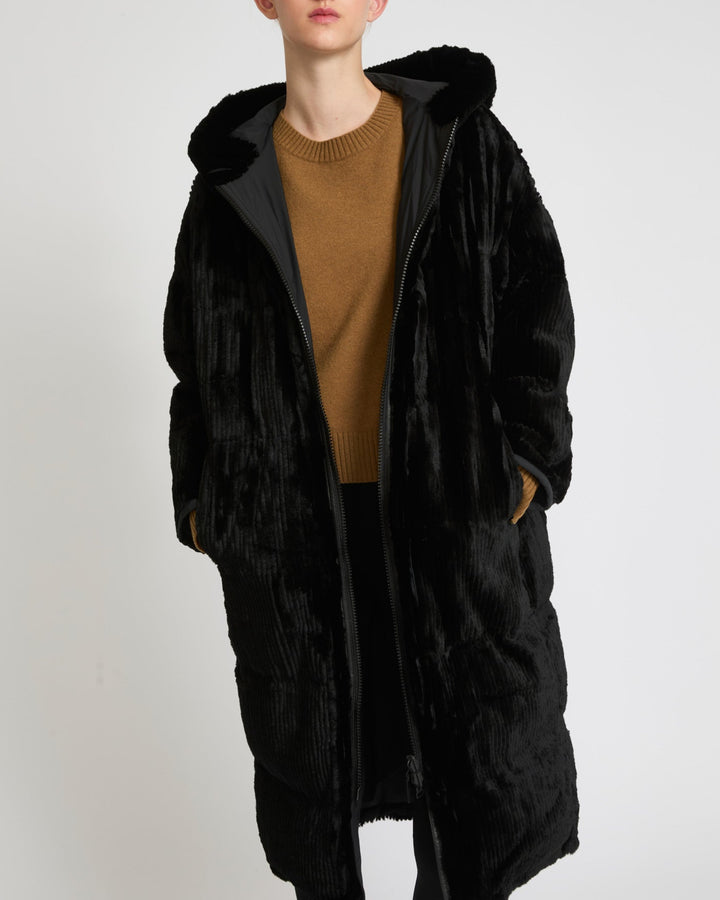Long hooded down jacket in technical fabric reversible ribbed rex rabbit fur