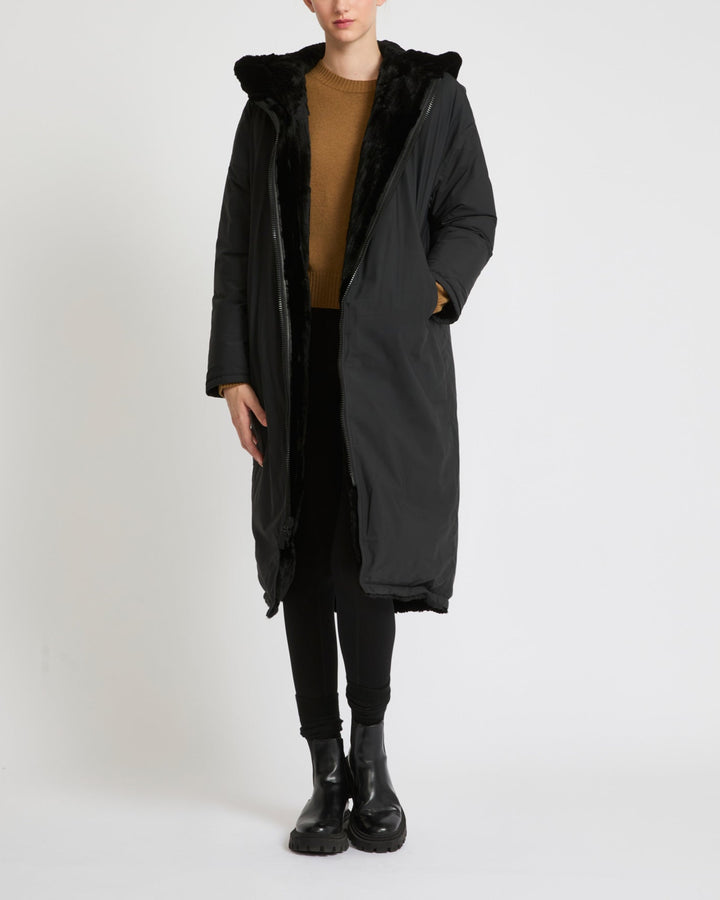 Long hooded down jacket in technical fabric reversible ribbed rex rabbit fur