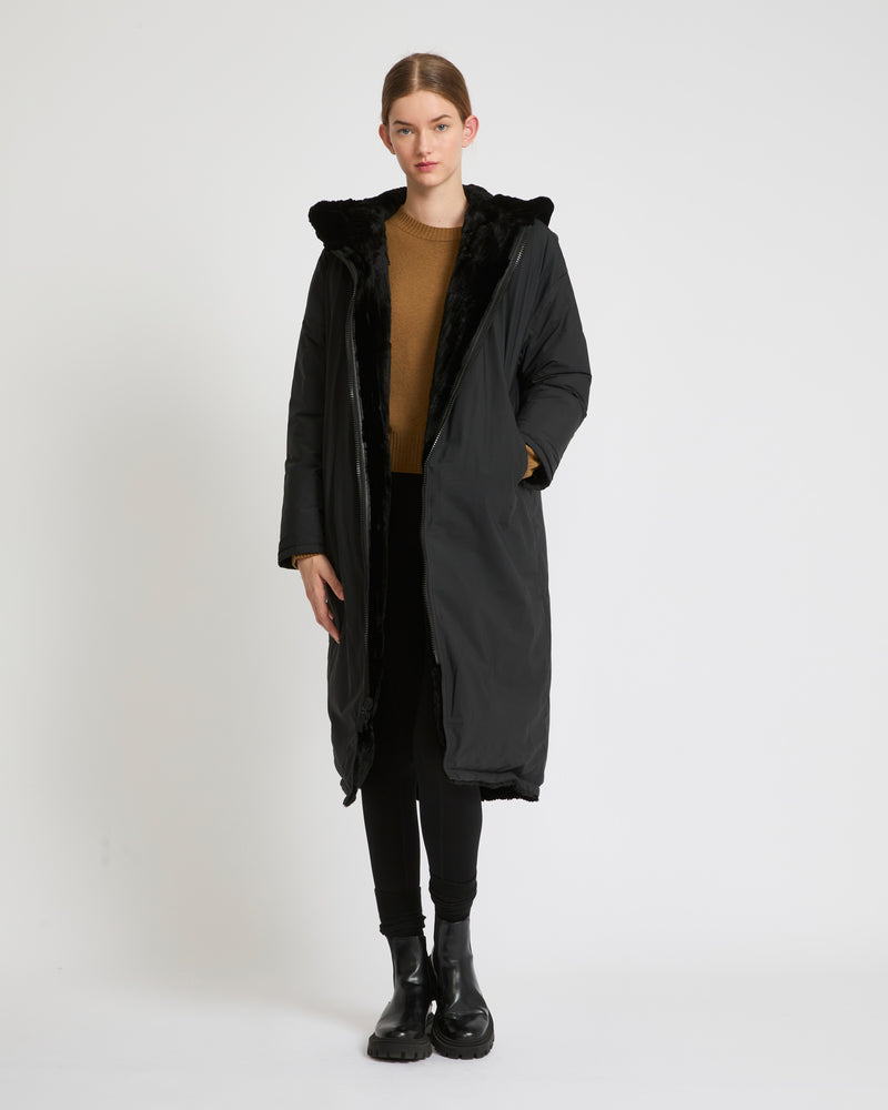 Long hooded down jacket in technical fabric reversible ribbed rex rabbit fur - black - Yves Salomon