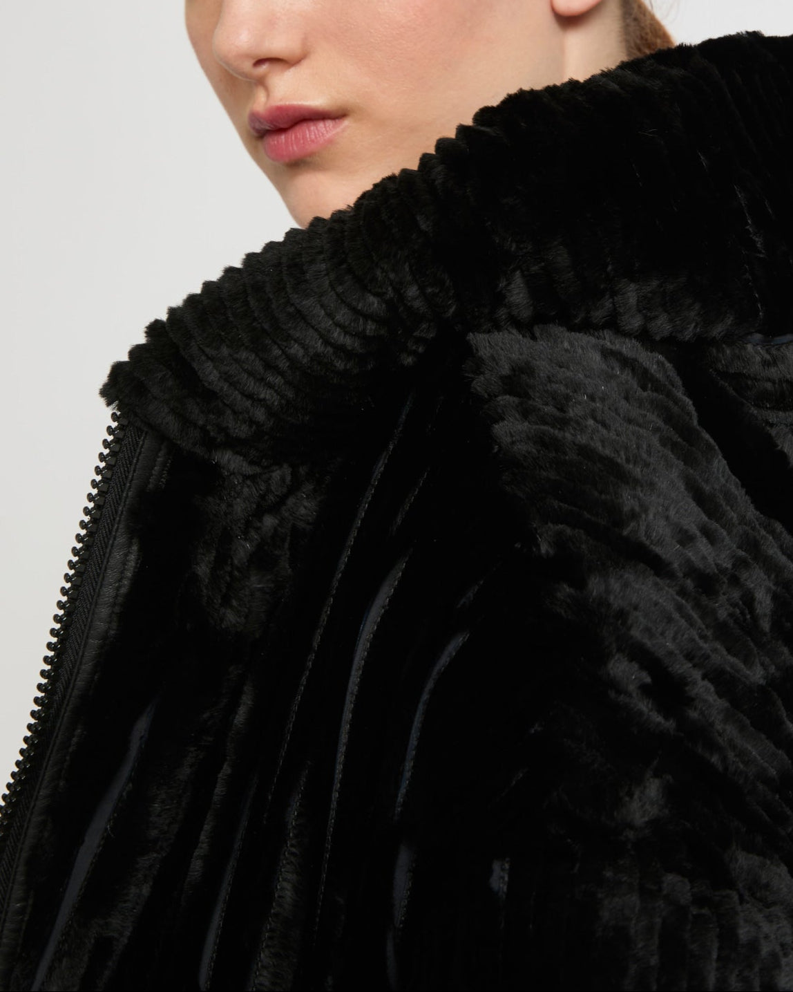 Long hooded down jacket in technical fabric reversible ribbed rex rabbit fur