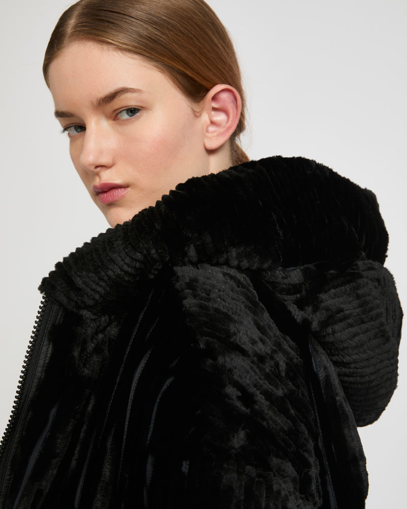 Long hooded down jacket in technical fabric reversible ribbed rex rabbit fur - black - Yves Salomon