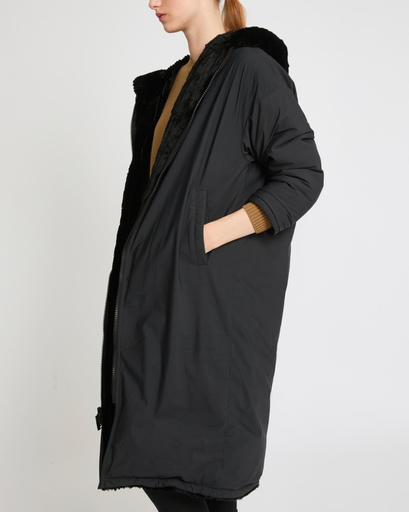 Long hooded down jacket in technical fabric reversible ribbed rex rabbit fur