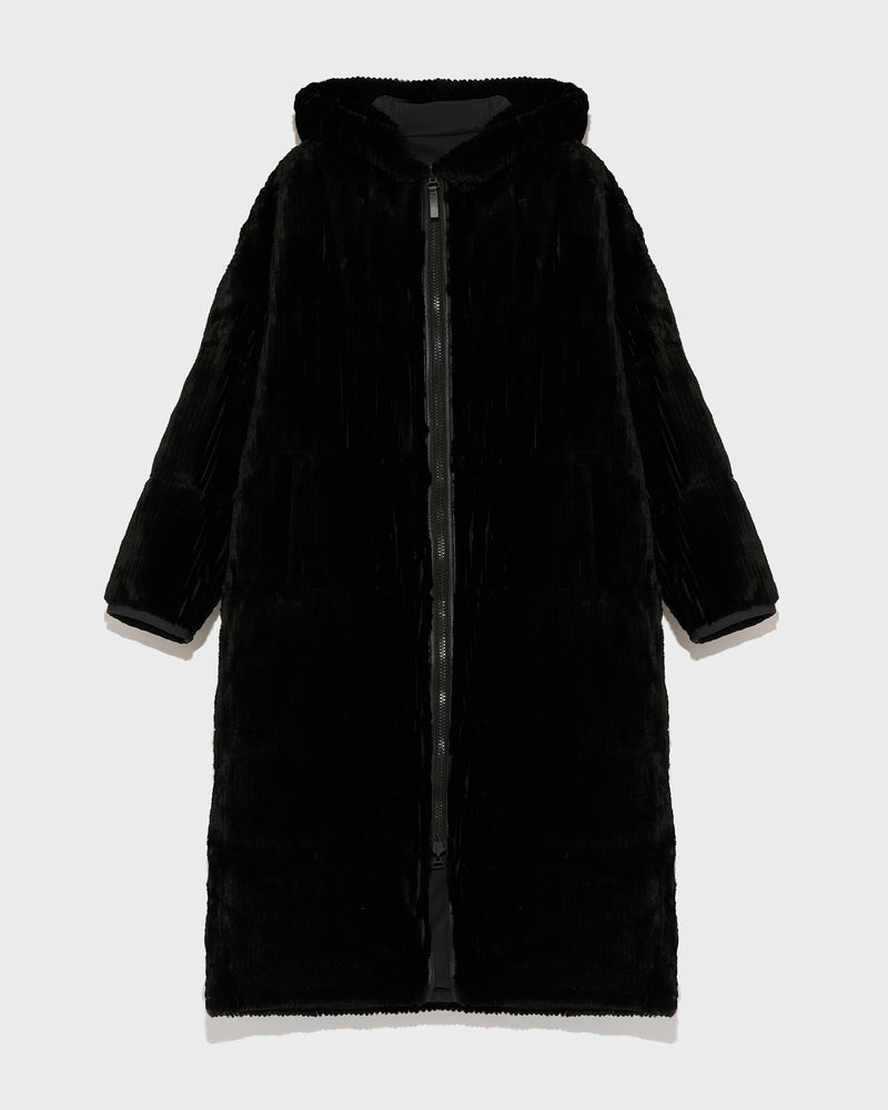 Long hooded down jacket in technical fabric reversible ribbed rex rabbit fur - black - Yves Salomon