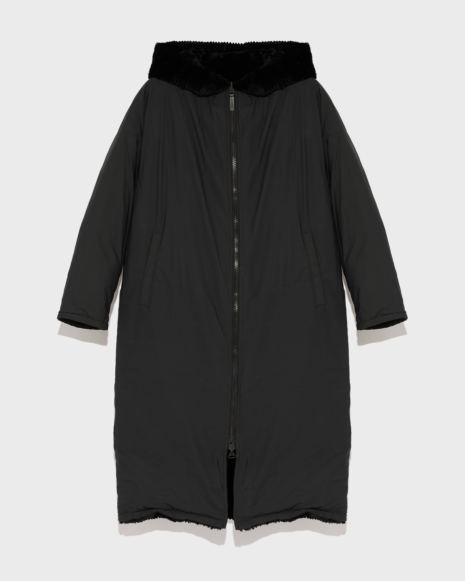 ※れいこCLANEOVERQUILTINGHUNTING JACKET 1 Reversible down jacket with ribbed rex rabbit fur - black