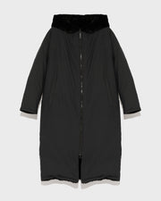 Long hooded down jacket in technical fabric reversible ribbed rex rabbit fur