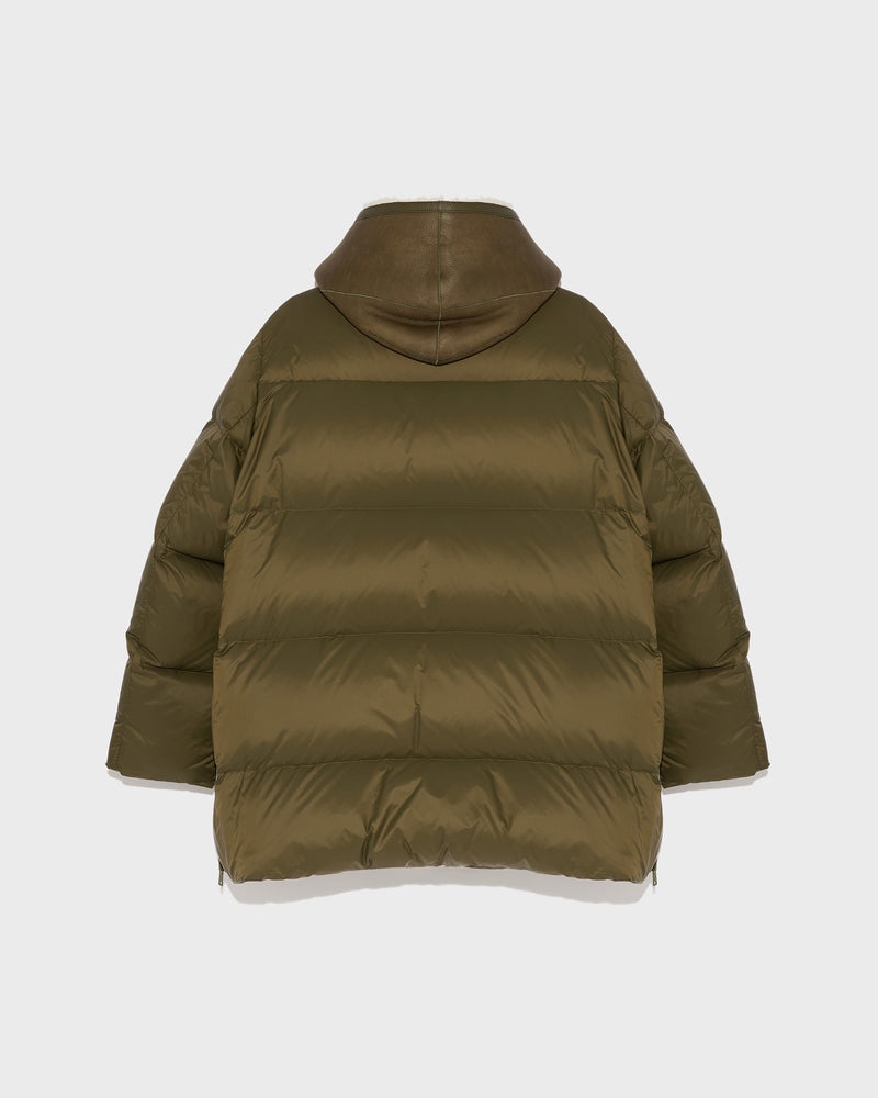 Hooded down jacket in nylon and lamb - khaki green - Yves Salomon