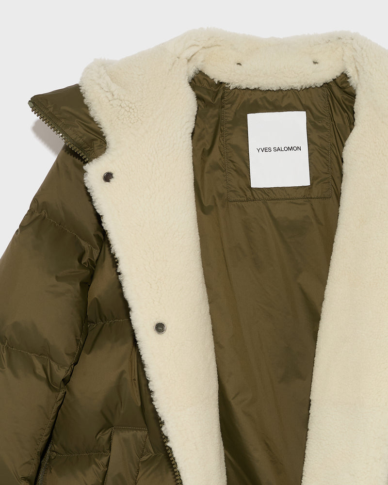 Hooded down jacket in nylon and lamb - khaki green - Yves Salomon