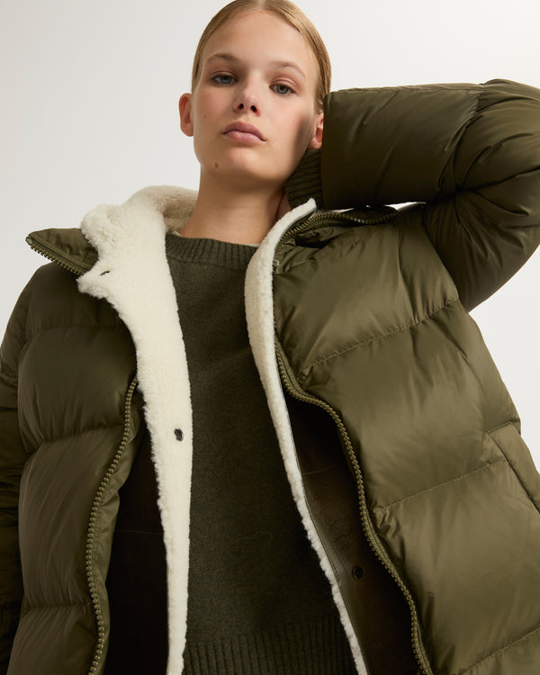 Hooded down jacket in nylon and lamb - khaki green - Yves Salomon