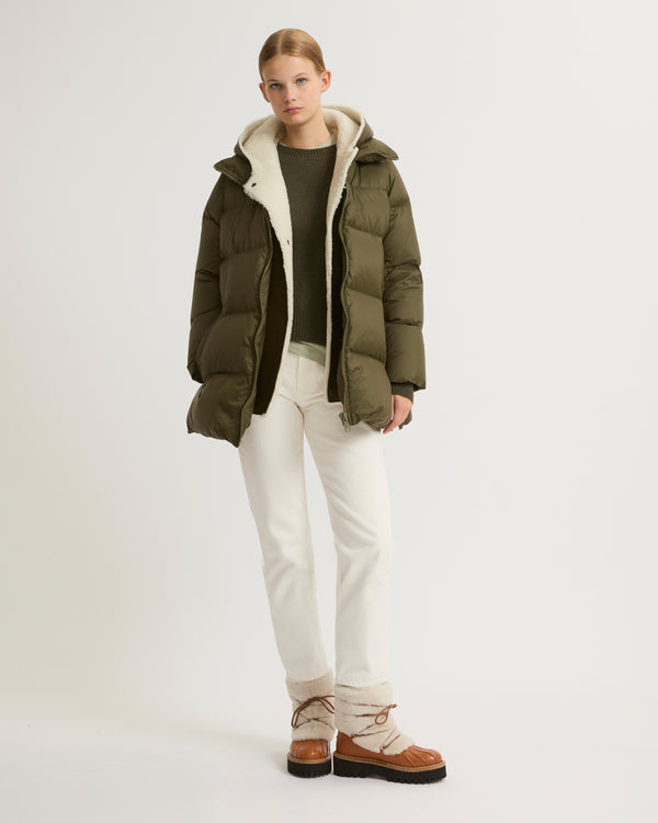 Hooded down jacket in nylon and lamb - khaki green - Yves Salomon