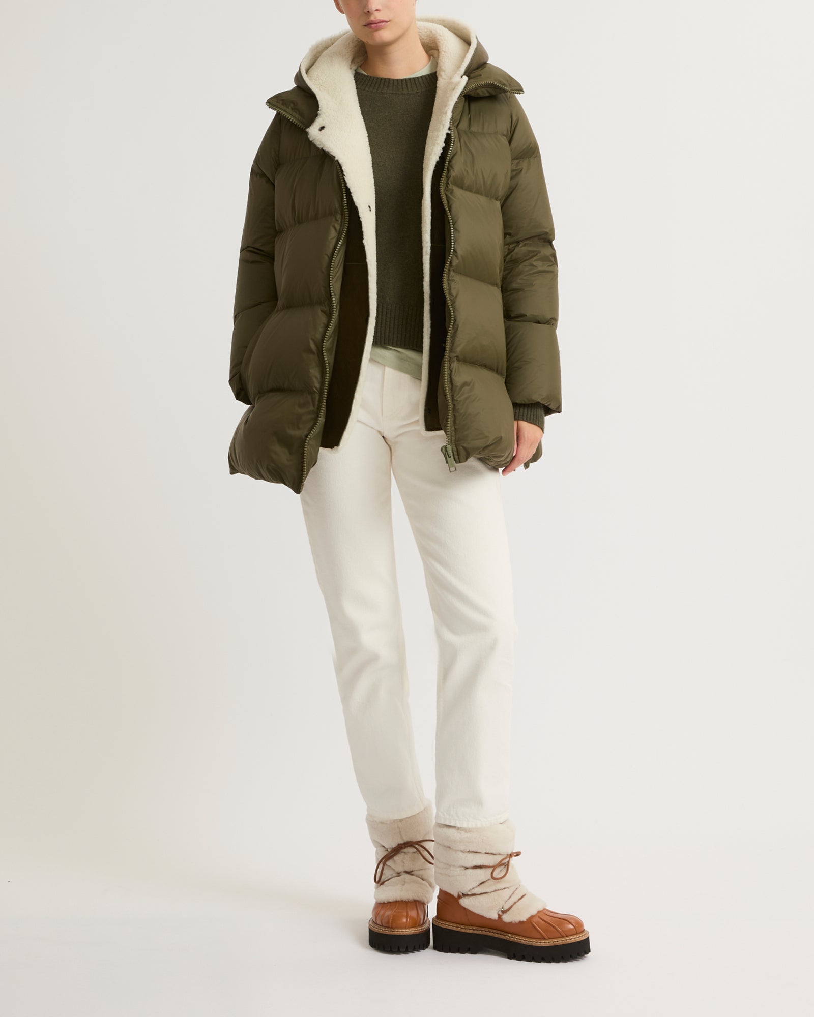 Down jacket in nylon and lamb - khaki green - Yves Salomon