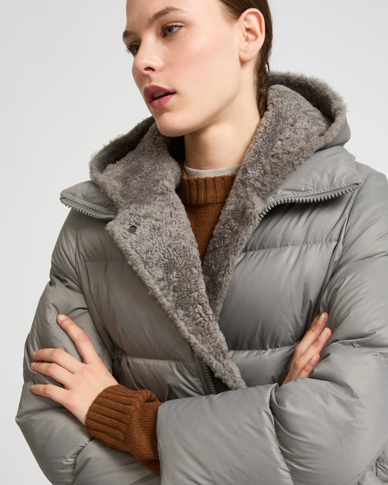 Hooded down jacket in nylon and lamb - grey - Yves Salomon