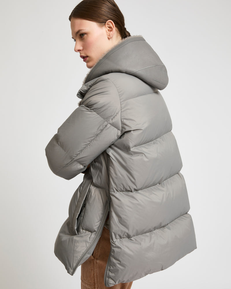 Hooded down jacket in nylon and lamb - grey - Yves Salomon