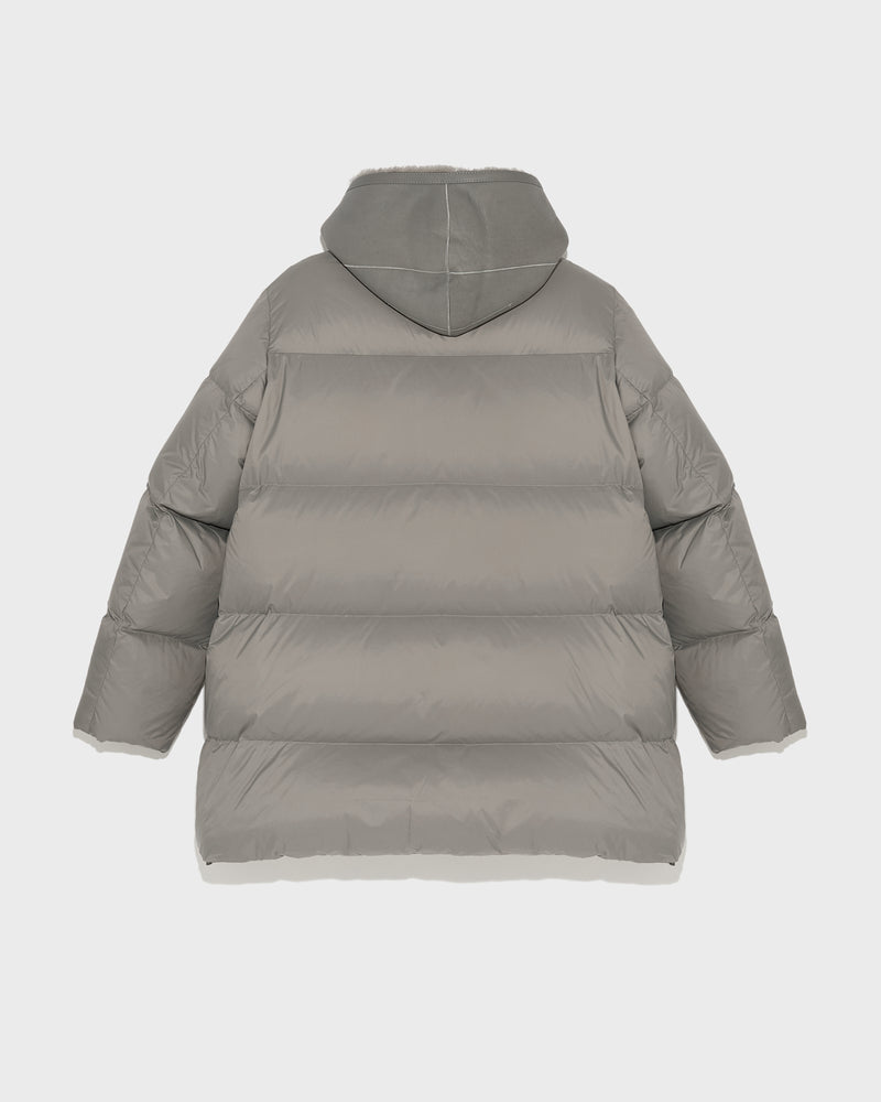 Hooded down jacket in nylon and lamb