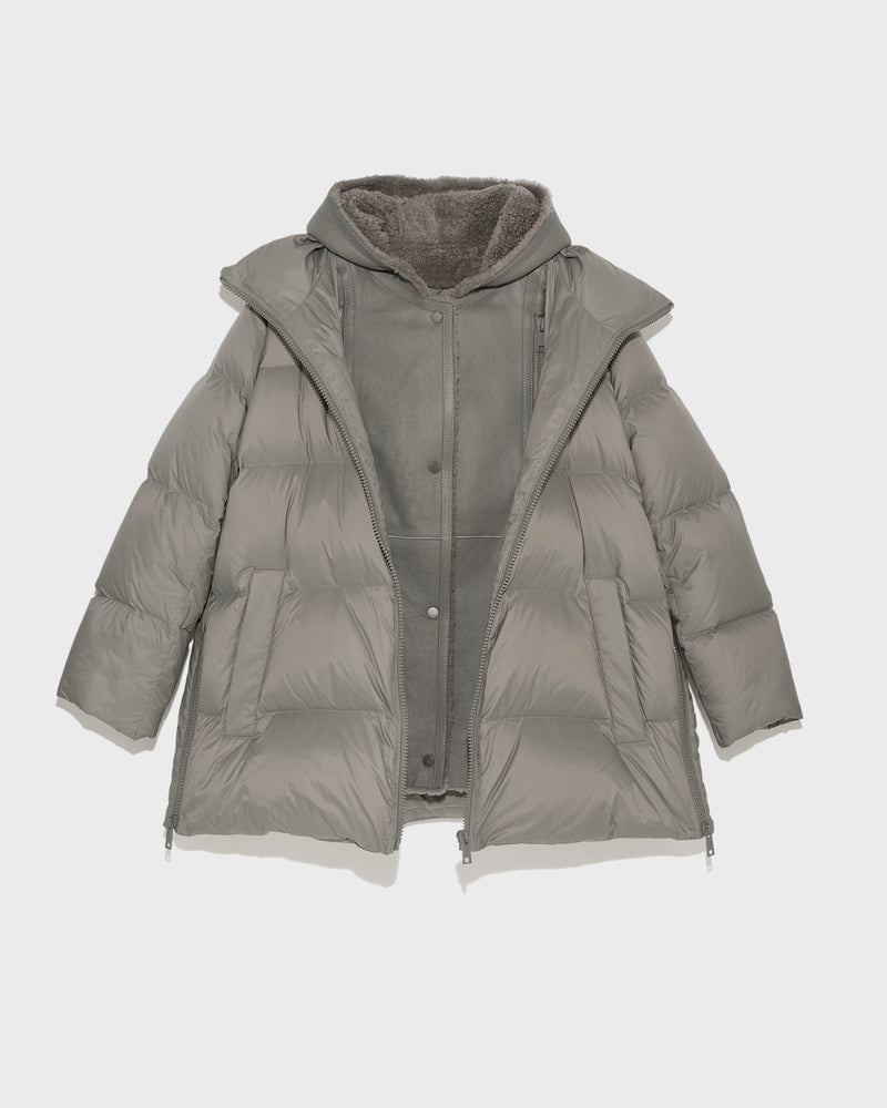 Hooded down jacket in nylon and lamb - grey - Yves Salomon