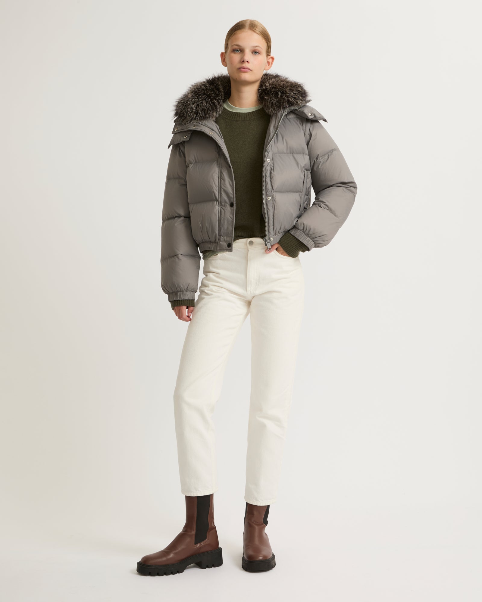Short down jacket with fox fur collar-Yves salomon-Winter sale & boxing day