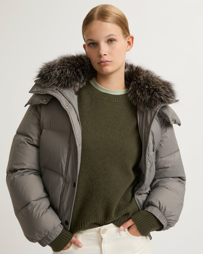 Grey jacket with fur best sale