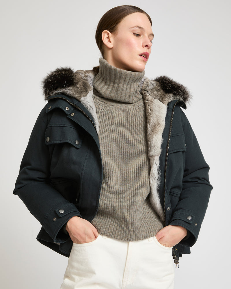 Short parka in cotton and fur - black - Yves Salomon