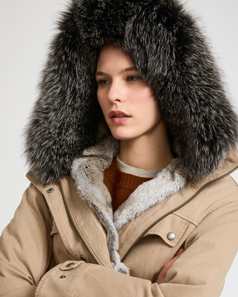 Short parka in cotton and fur - light beige - Yves Salomon