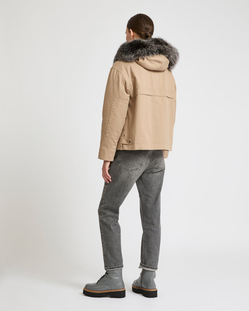 Short parka in cotton and fur - light beige - Yves Salomon