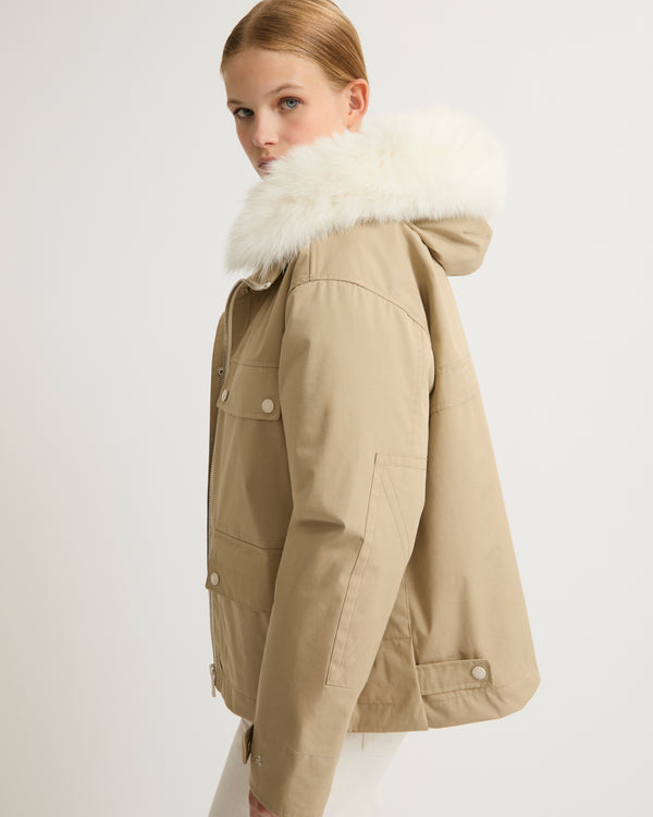 Short parka in cotton blend and fur - beige - Yves Salomon