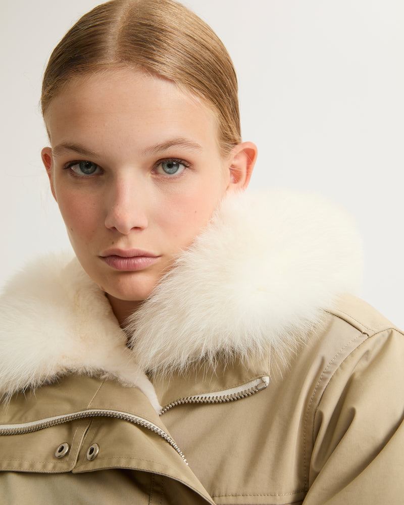 Short parka in cotton blend and fur