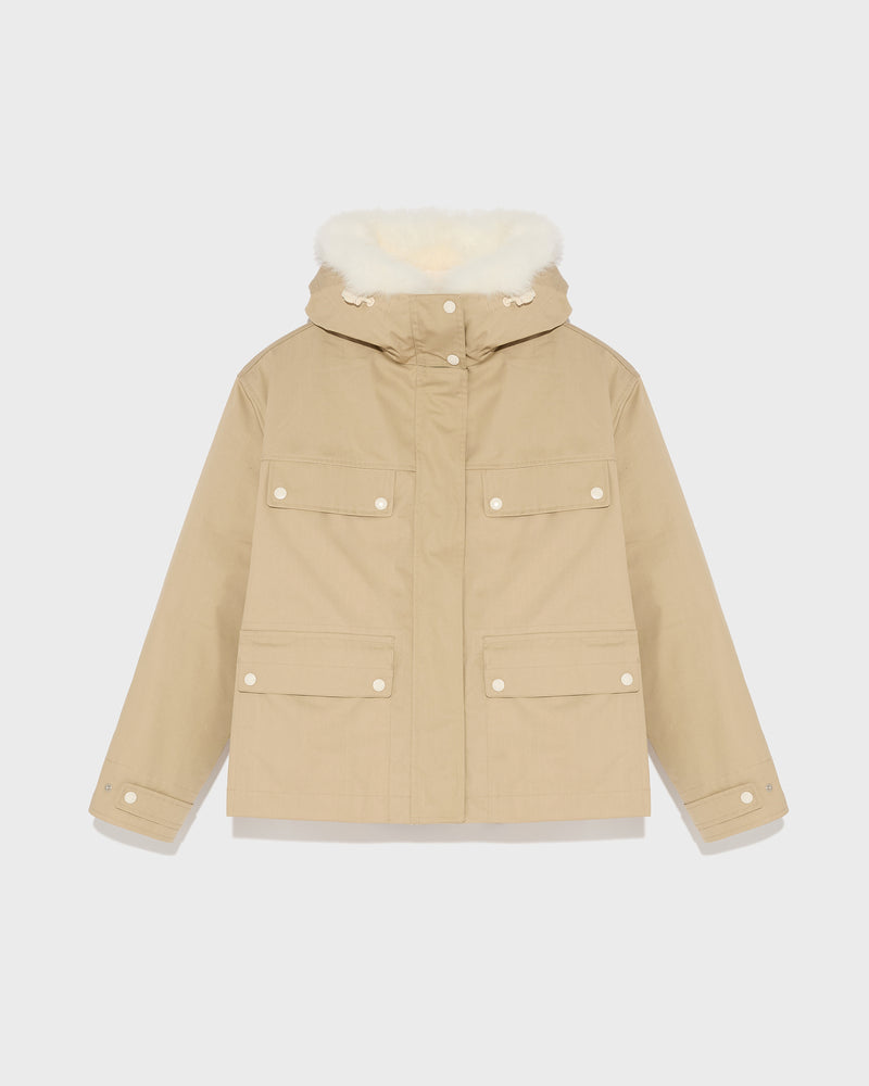 Short parka in cotton blend and fur