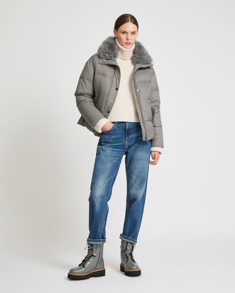 Down jacket with fluffy lambswool trim - grey - Yves Salomon