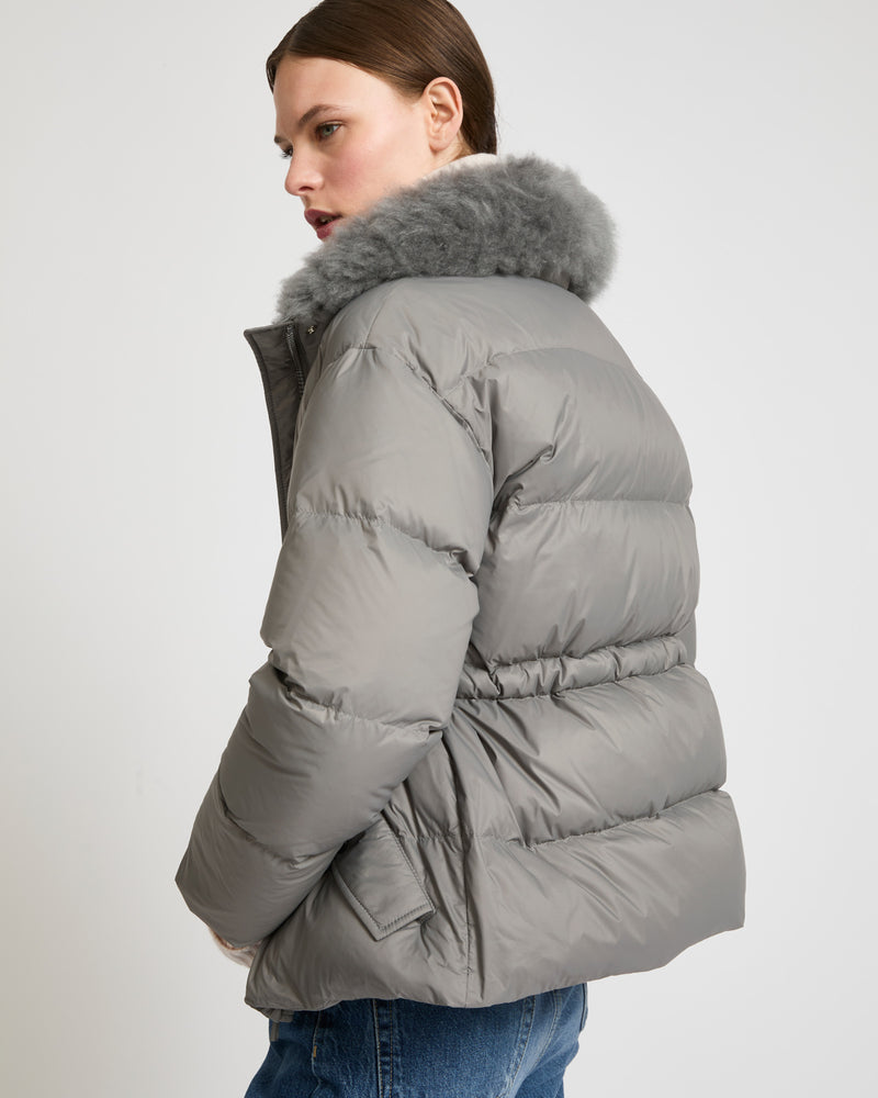 Down jacket with fluffy lambswool trim - grey - Yves Salomon