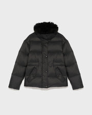 Down jacket with fluffy lambswool trim